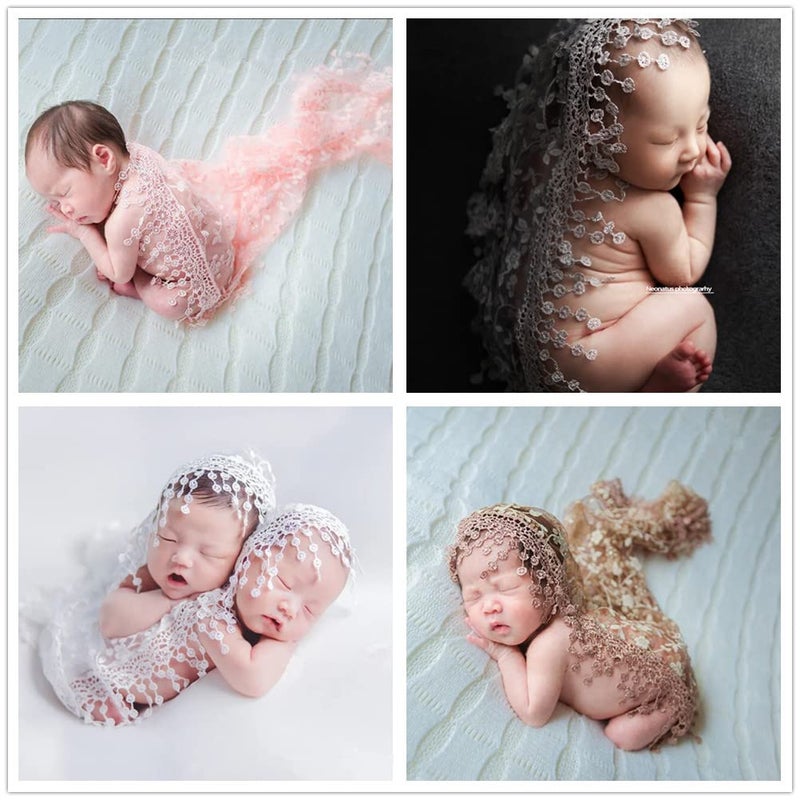 Vemonllas Luxury Newborn Boy Girl Baby Photography Props Wrap Lace Yarn Cloth Blanket (Beige) - Image 4